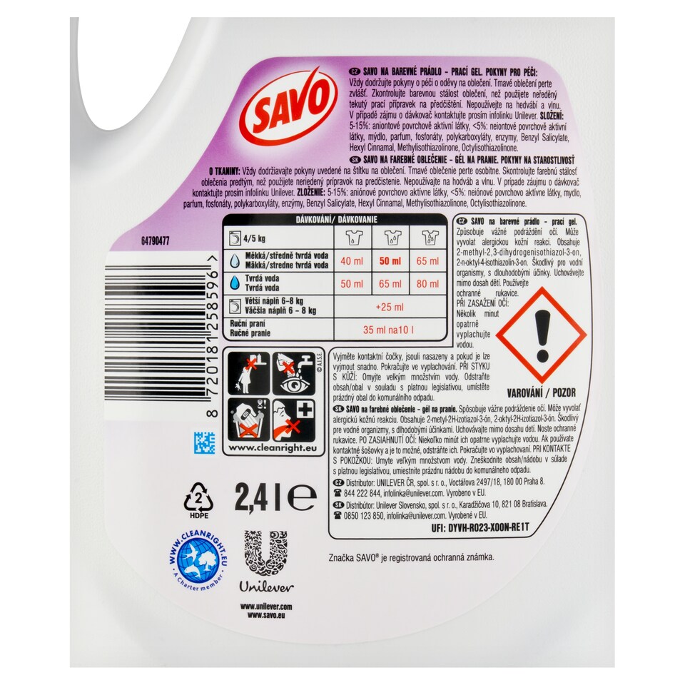 Obrázek 1 pro produkt Savo prací gel Barevné prádlo 48W 2,4l