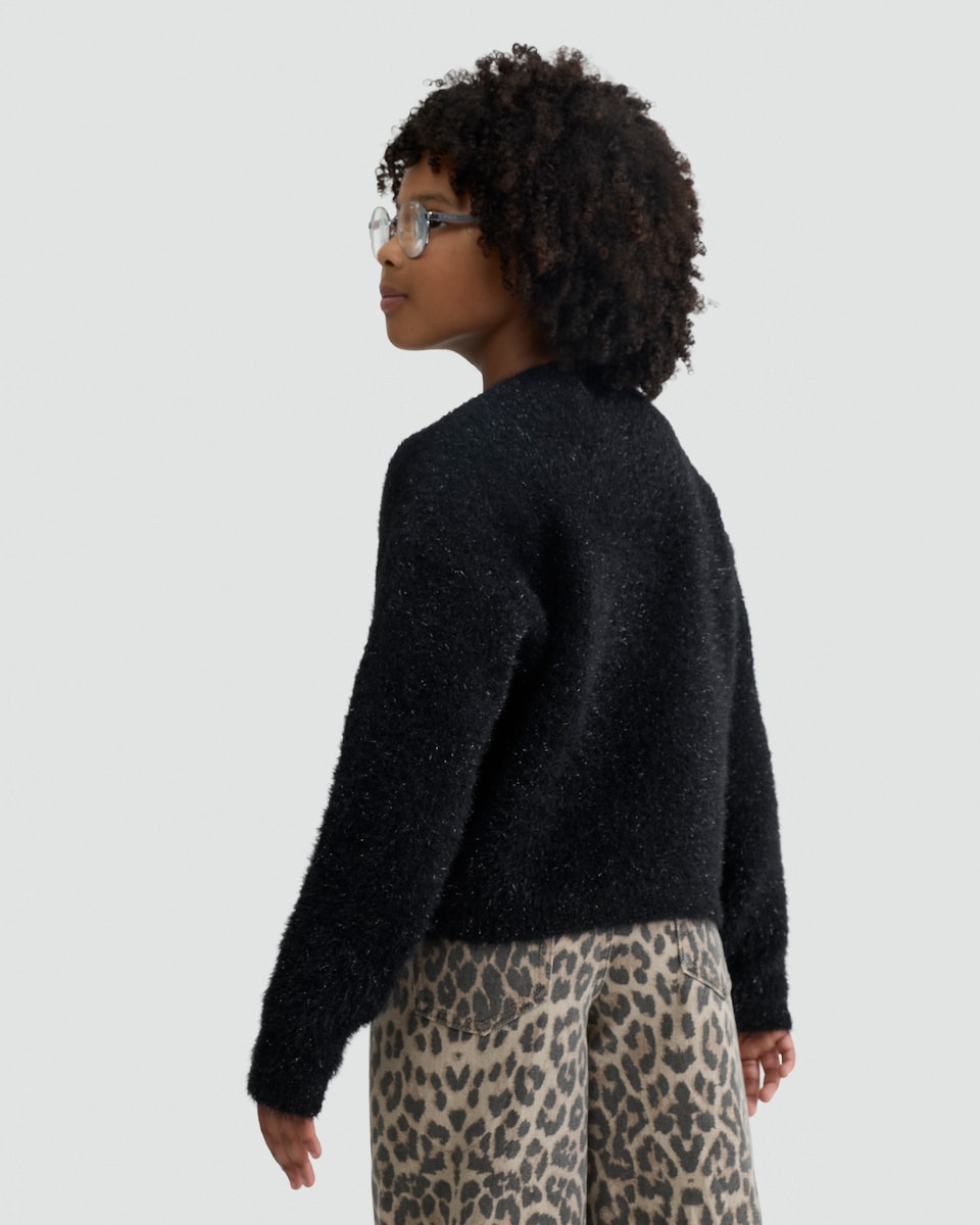 image 1 of F&F Girls Fluffy Bow Detail Cardigan in Black