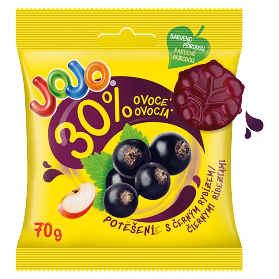 JOJO Potešenie Čierne ríbezle želé cukríky s ovocným pyré 70 g