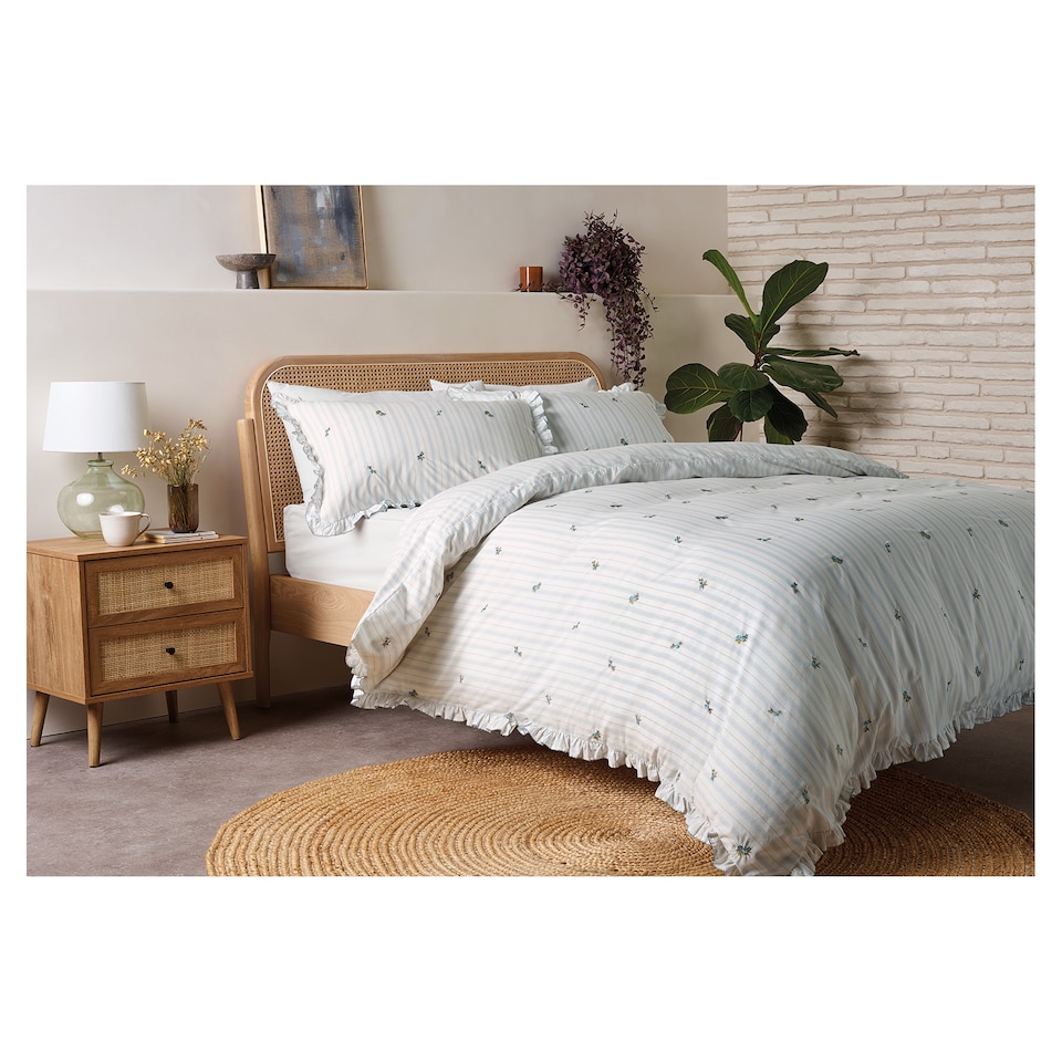 F&F Home Blue Embroidered Floral Ruffle Duvet Cover Set King