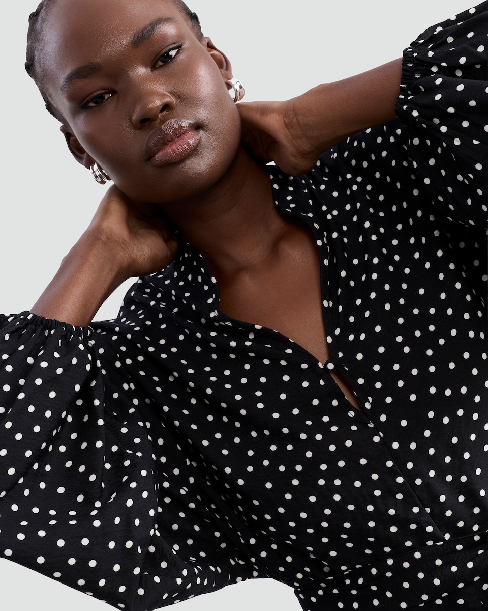 image 1 of F&F Polka Dot Tie Waist Dress in Multi Black White