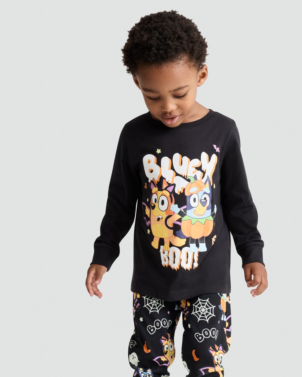 image 1 of Bluey Glow in the Dark Halloween Print Pyjama Set in Multi