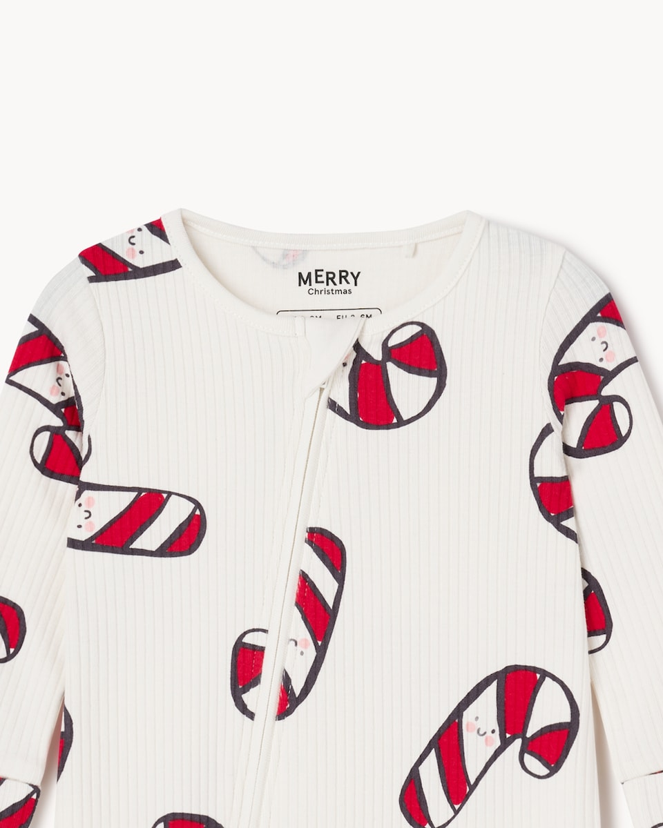 image 1 of Christmas Baby Cotton Rich Ribbed Candy Cane Sleepsuit in White