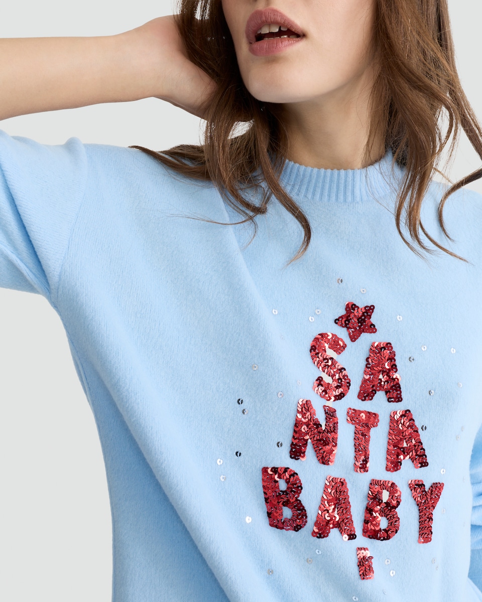 image 1 of F&F Santa Baby Sequin Slogan Jumper in Blue