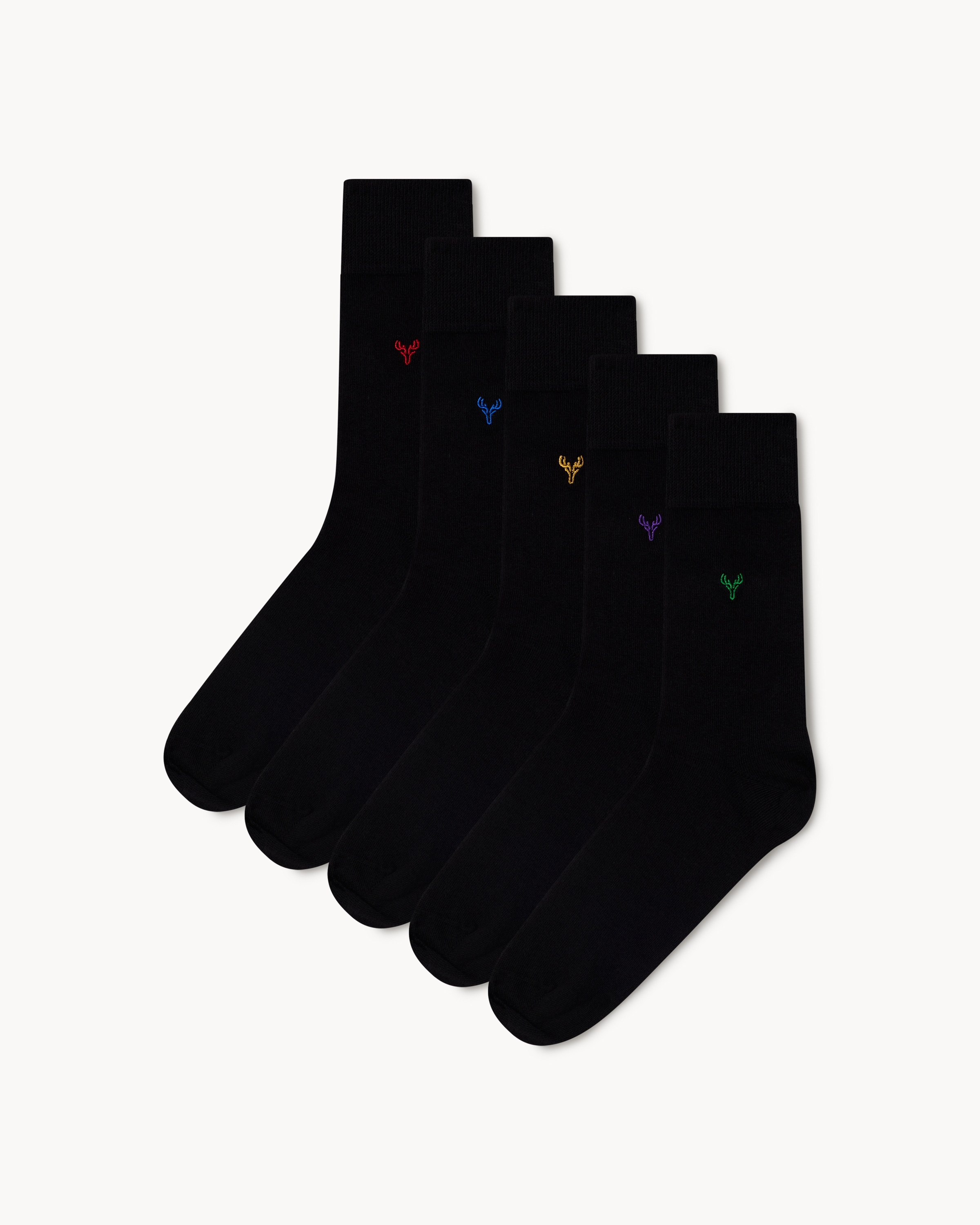 F&F 5-Pack Cotton Rich Stag Embroidered Ankle Socks in Black, Small-Medium 6-8.5