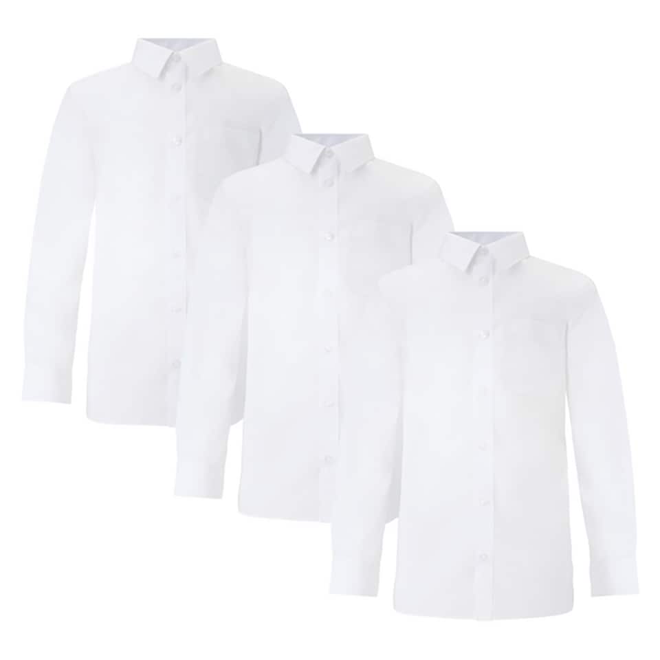 F&F School Boys 3-Pack Cotton Blend Regular Fit Long Sleeved Shirts in White