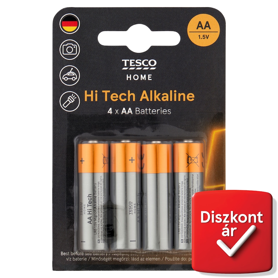 Tesco Home Hi Tech AA LR6 1,5 V nagy teljesítményű alkáli elem 4 db