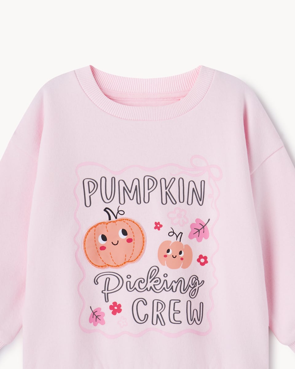 image 1 of F&F Girls Cotton Rich Halloween Pumpkin Sweatshirt and Trousers Set in Multi Pink