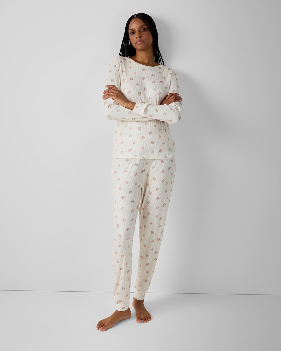 image 1 of Christmas Textured Gingerbread Top and Bottoms Pyjama Set in Cream
