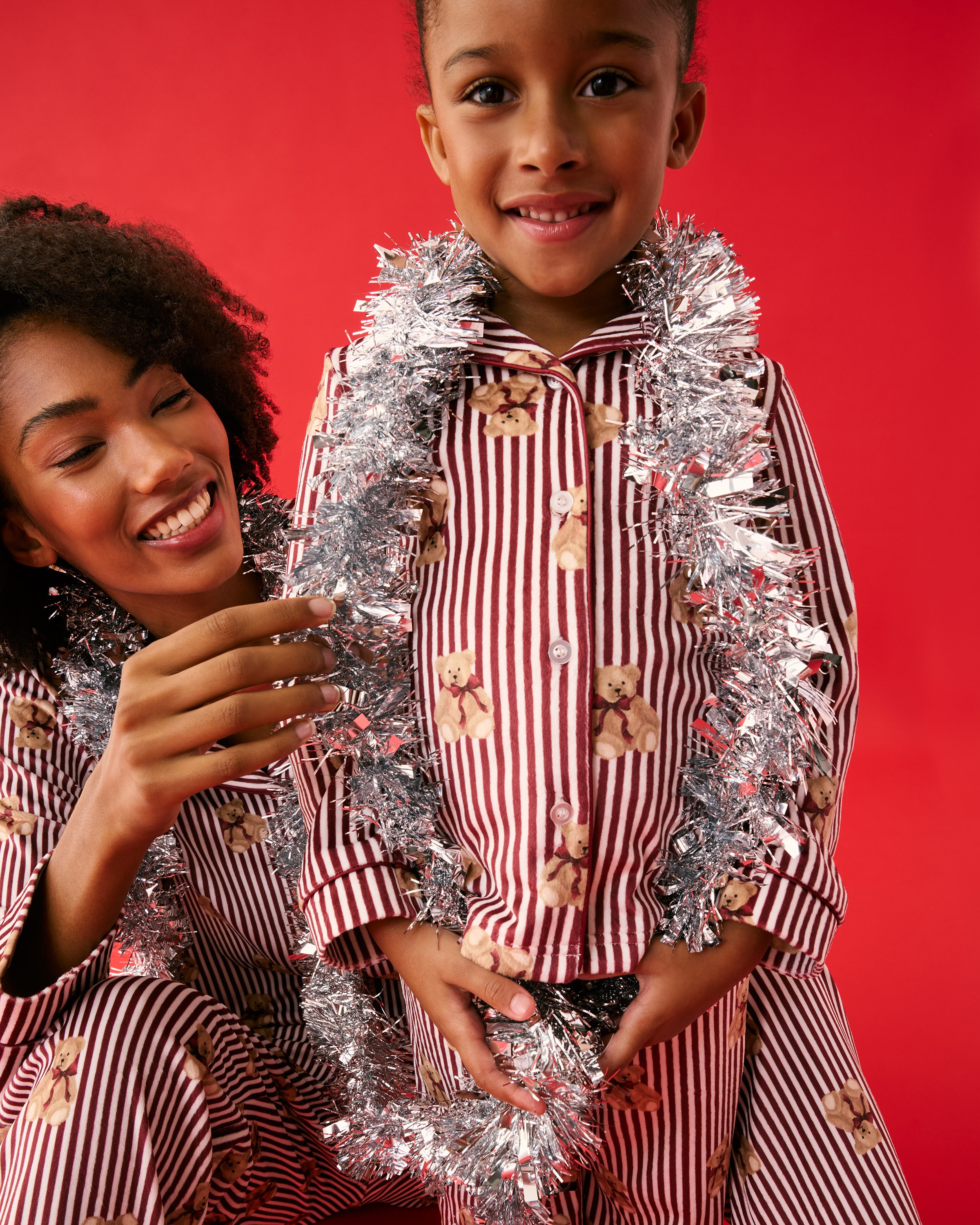 Christmas Fleece Striped Teddy Bear Revere Pyjama Set in Red