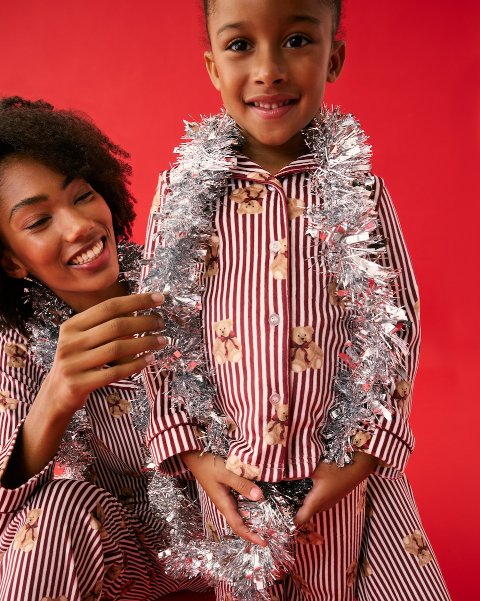 image 1 of Christmas Fleece Striped Teddy Bear Revere Pyjama Set in Red