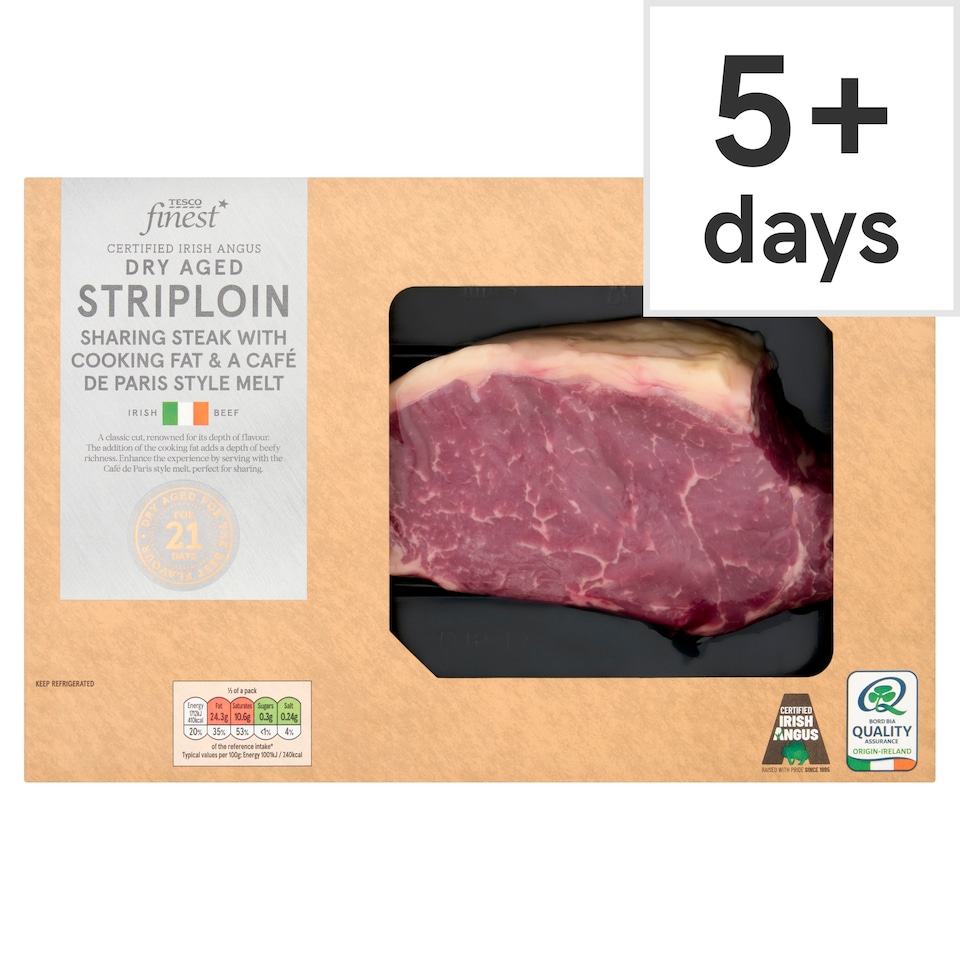 Tesco Finest Certified Irish Angus Dry Aged Striploin Steak with Cooking Fat and a Café De Paris Style Melt 504g
