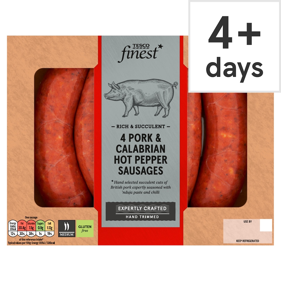 Tesco Finest 4 Pork & Calabrian Hot Pepper Sausages 440g