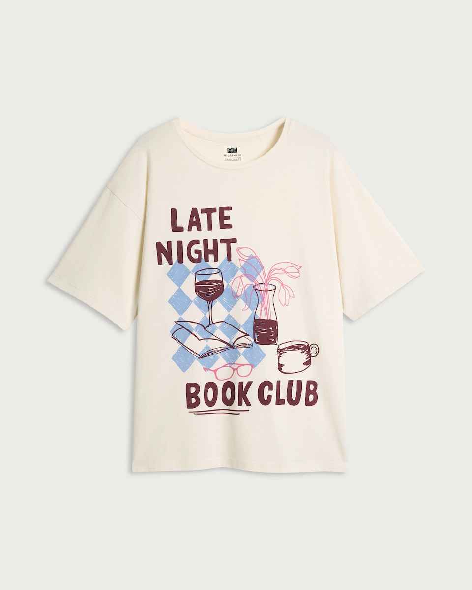 image 1 of F&F Pure Cotton Book Club Pyjama Top in Multi White