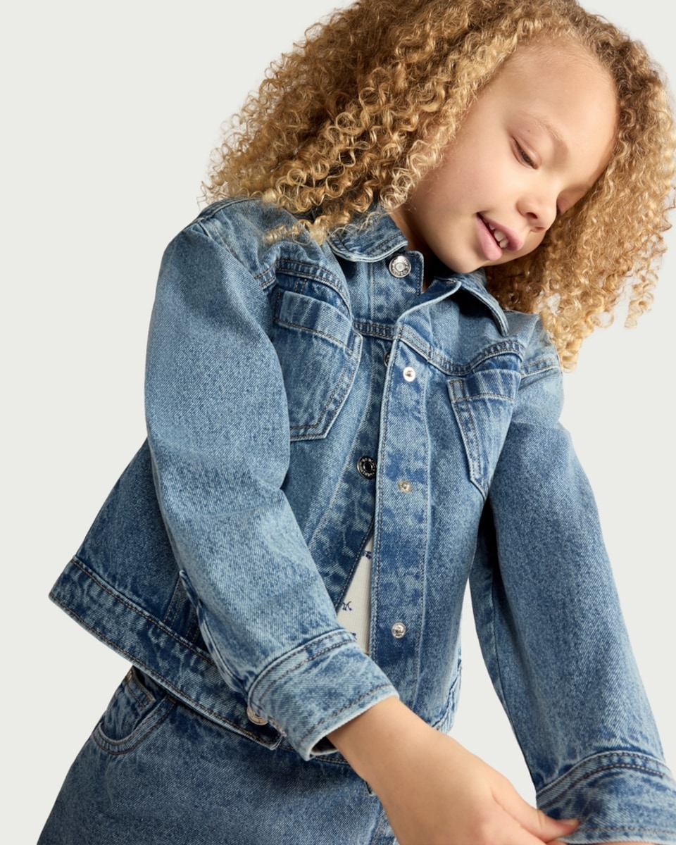 image 1 of F&F Girls Pure Cotton Denim Jacket in Blue