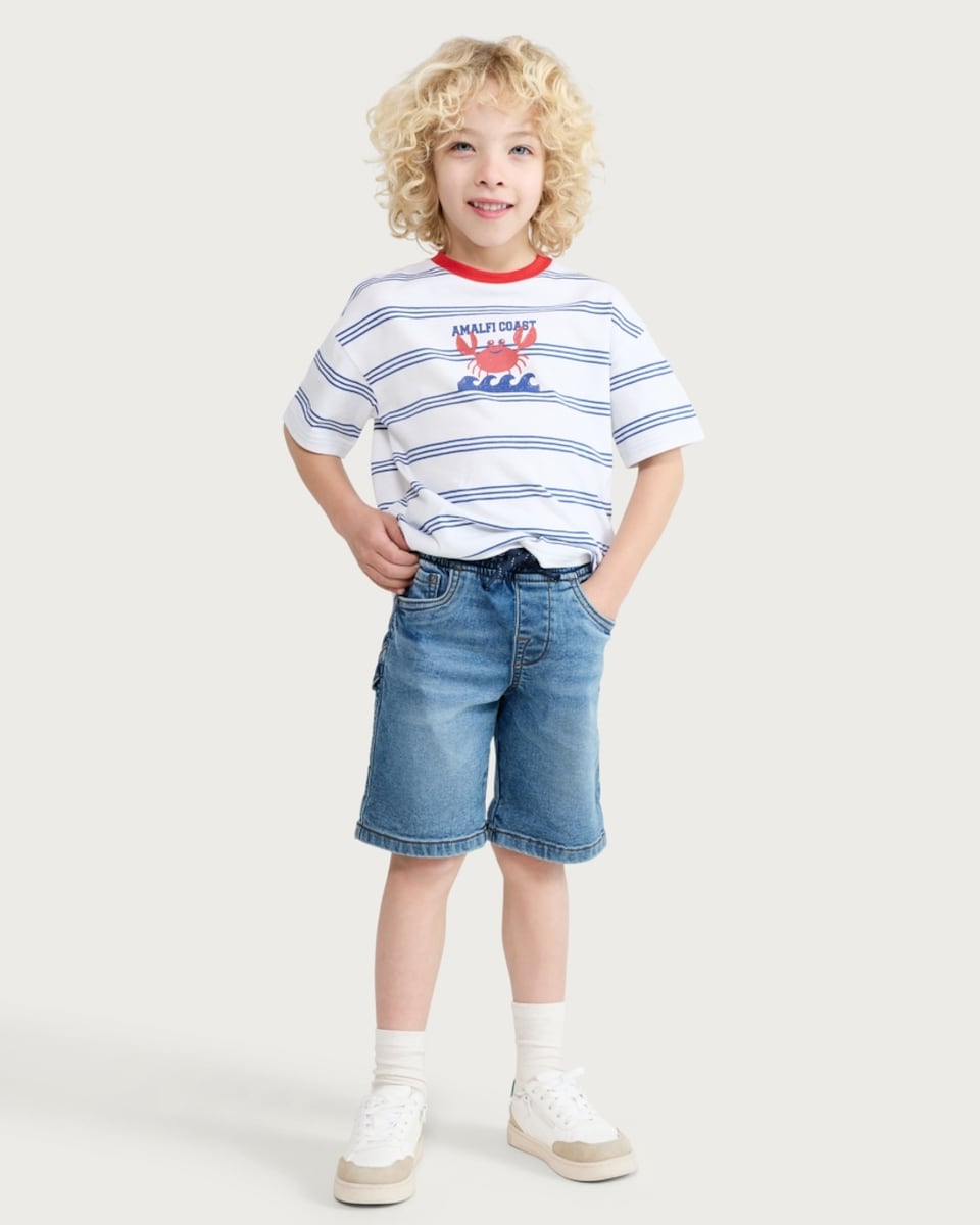 image 1 of F&F Boys Cotton Rich Drawstring Denim Shorts in Multi