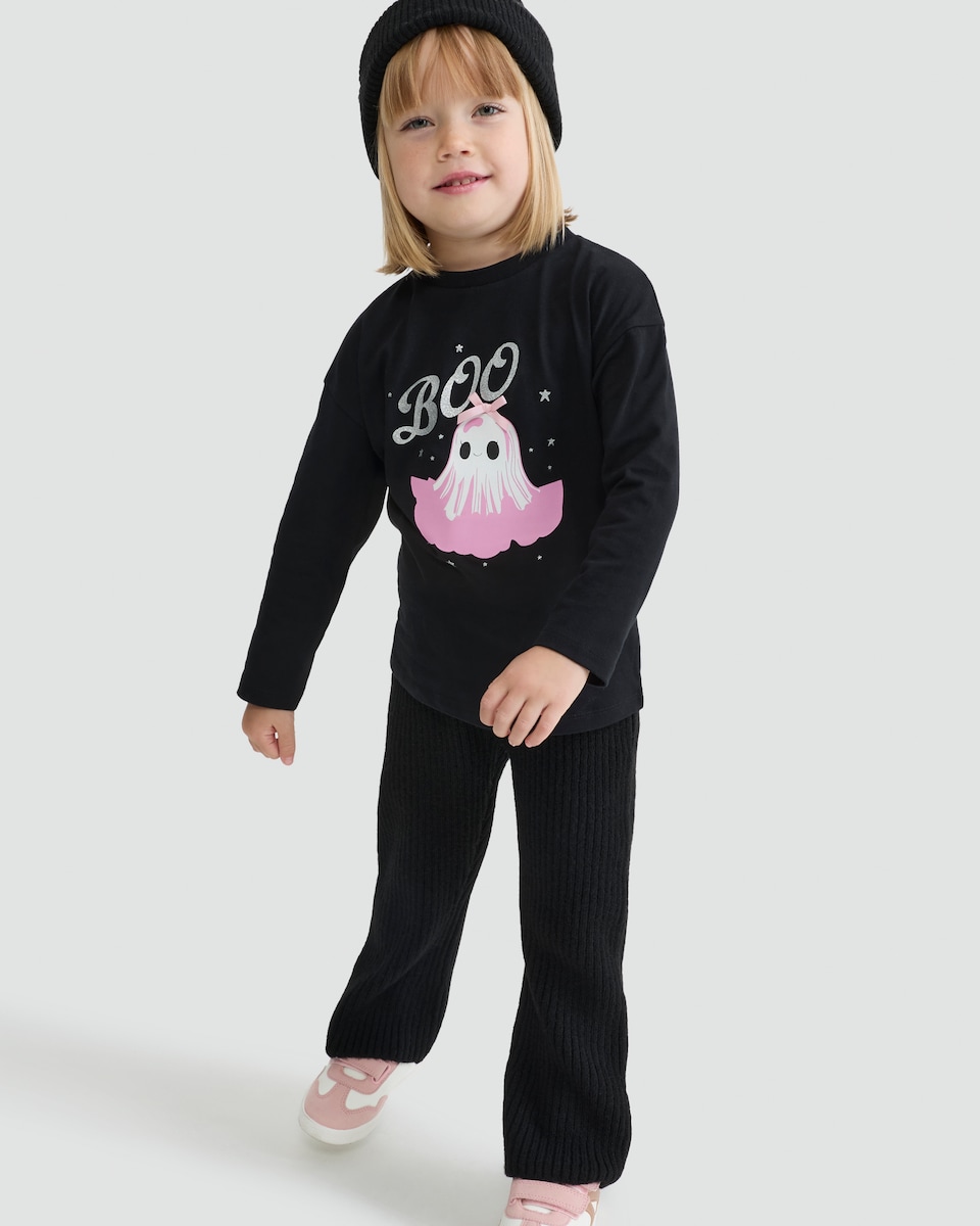 image 1 of F&F Girls Pure Cotton Boo Ghost Print Long Sleeved Top in Black