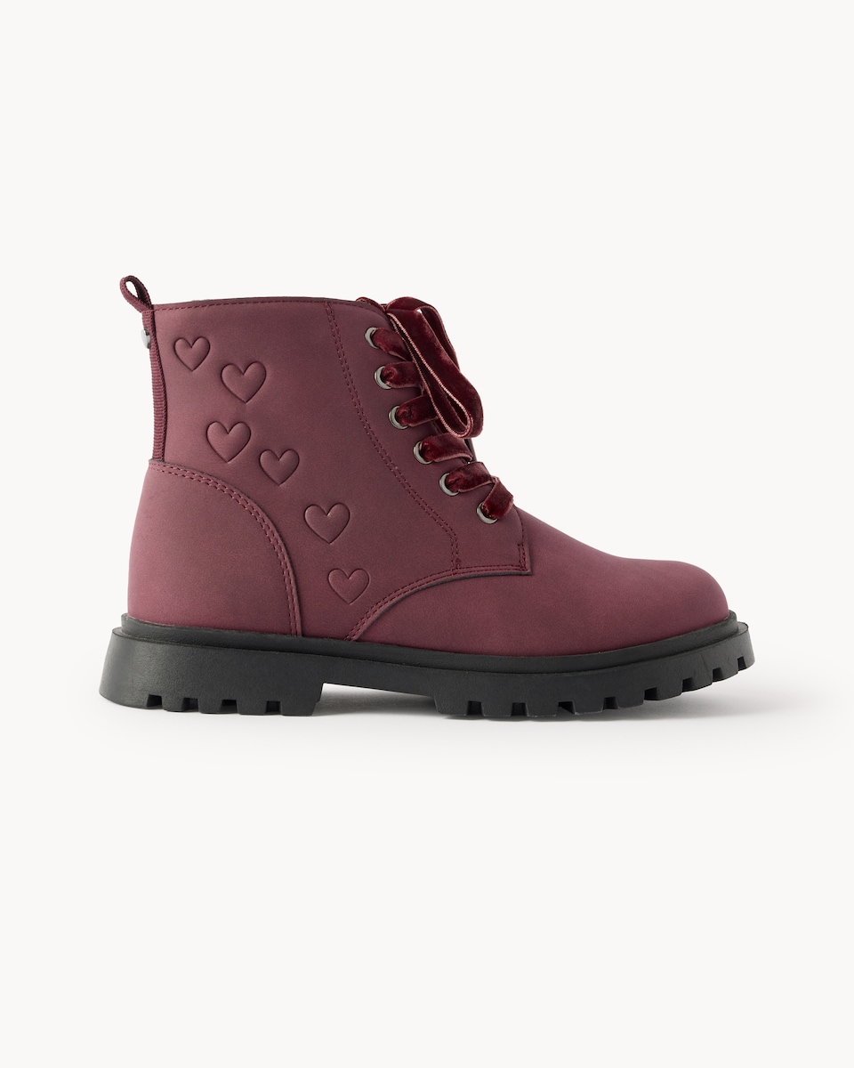 image 1 of F&F Faux Leather Heart Lace Up Ankle Boots in Burgundy