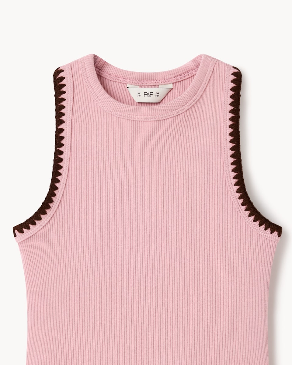 image 1 of F&F Girls Cotton Rich Ribbed Contrast Vest in Pink