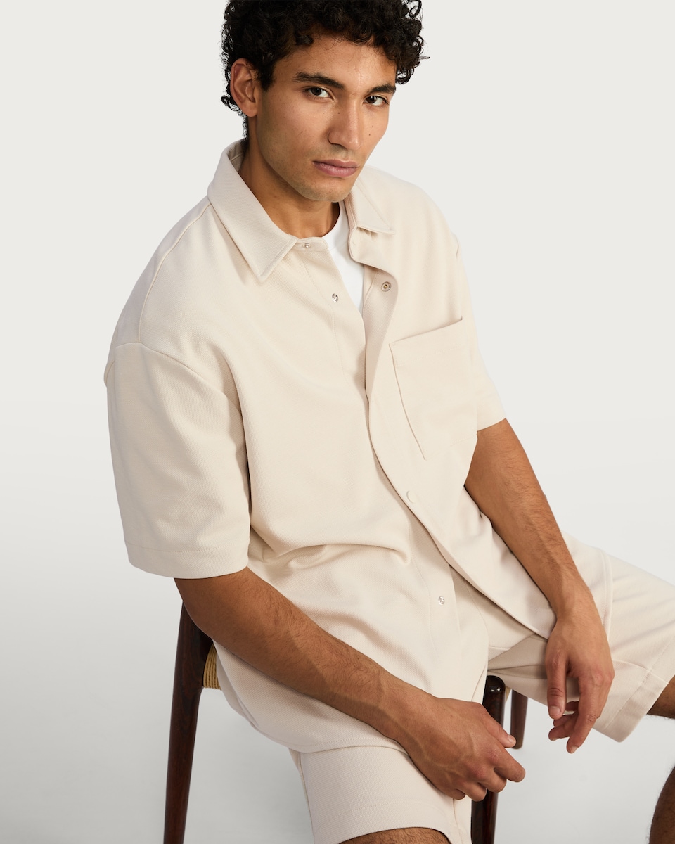 image 1 of F&F Textured Pique Short Sleeved Button Front Shirt in Sand