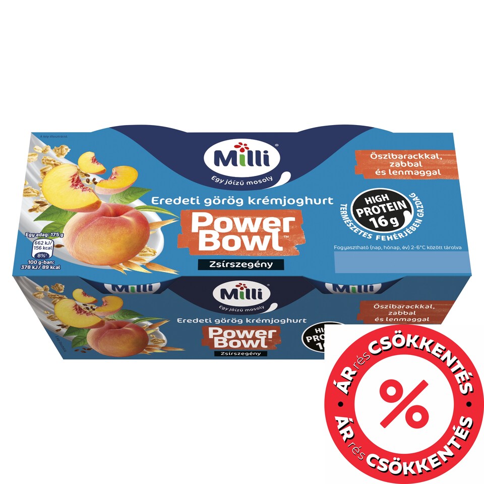 Milli Power Bowl zsírszegény eredeti görög krémjoghurt őszibarackkal 2 x 175 g (350 g)
