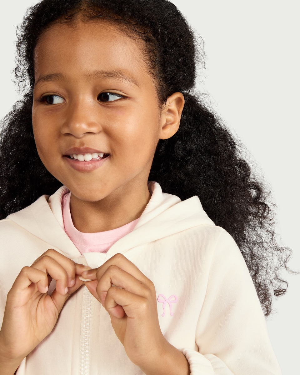 image 1 of F&F Girls Bow Zip Up Hoodie in Cream