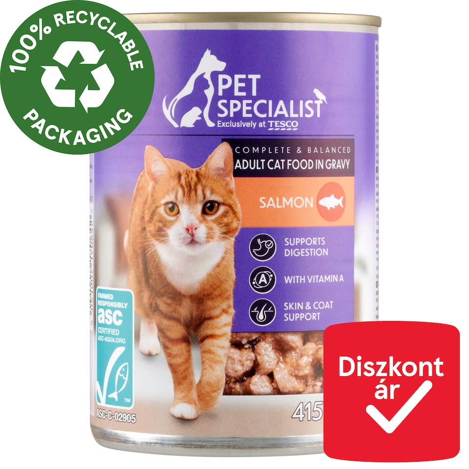 Pet Specialist teljes értékű állateledel felnőtt macskák számára falatkák lazaccal szószban 415 g