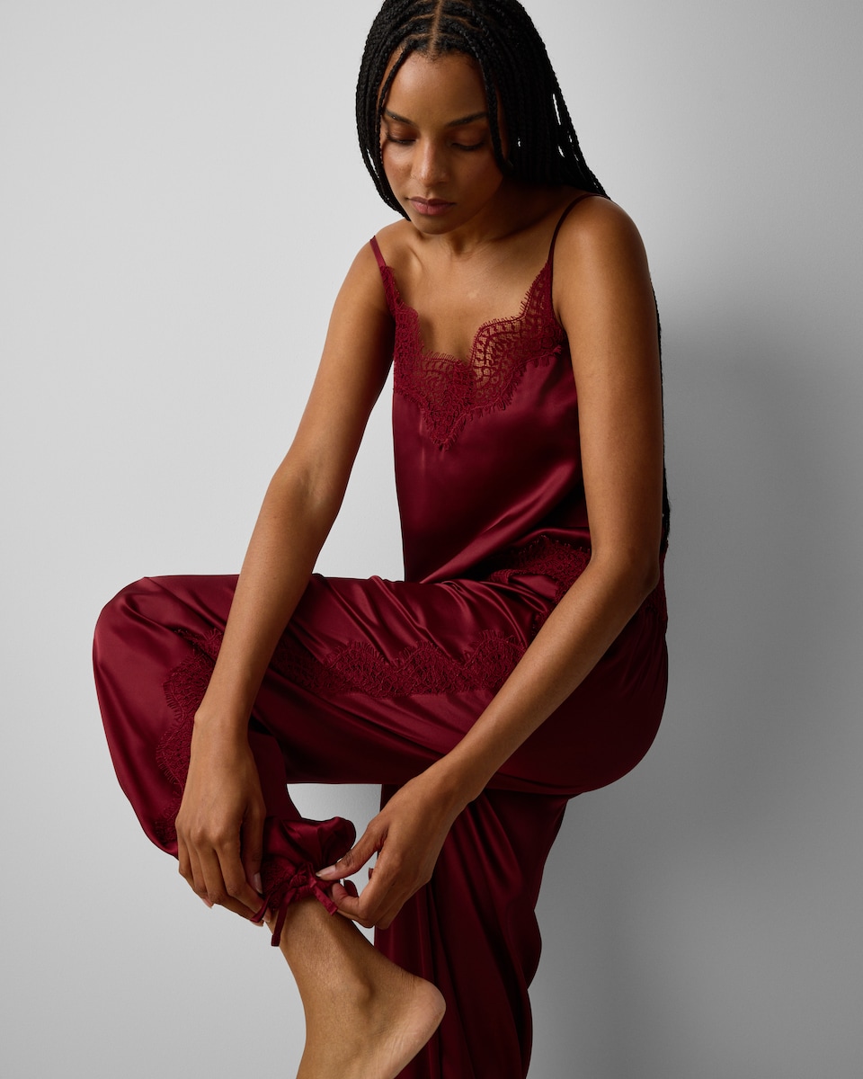 image 1 of F&F Satin Lace Trim Pyjama Set in Red
