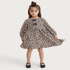 F&F Girls Leopard Print Long Sleeved Smocked Dress in Multi