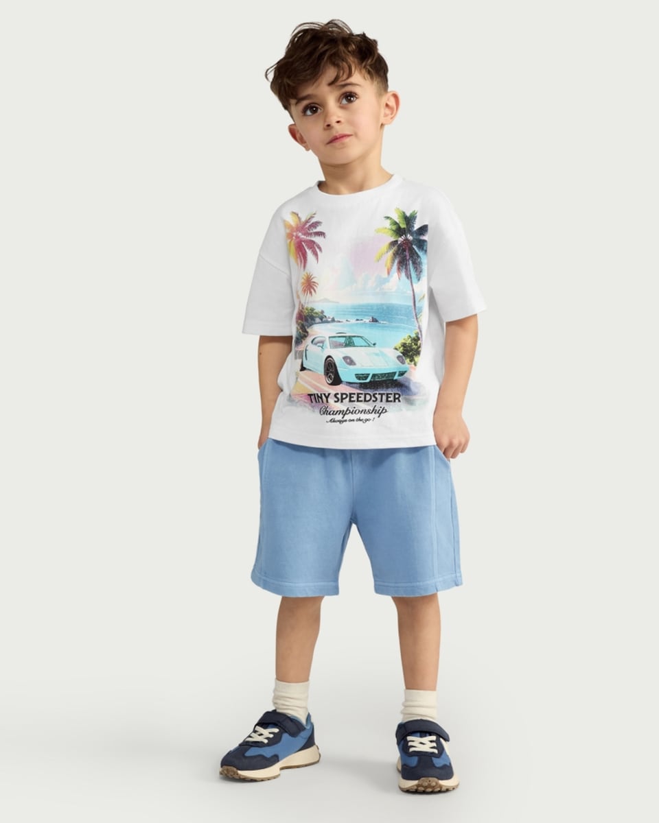 image 1 of F&F Boys 2-Piece Pure Cotton Tiny Speedster T-Shirt and Shorts Set in Multi Blue