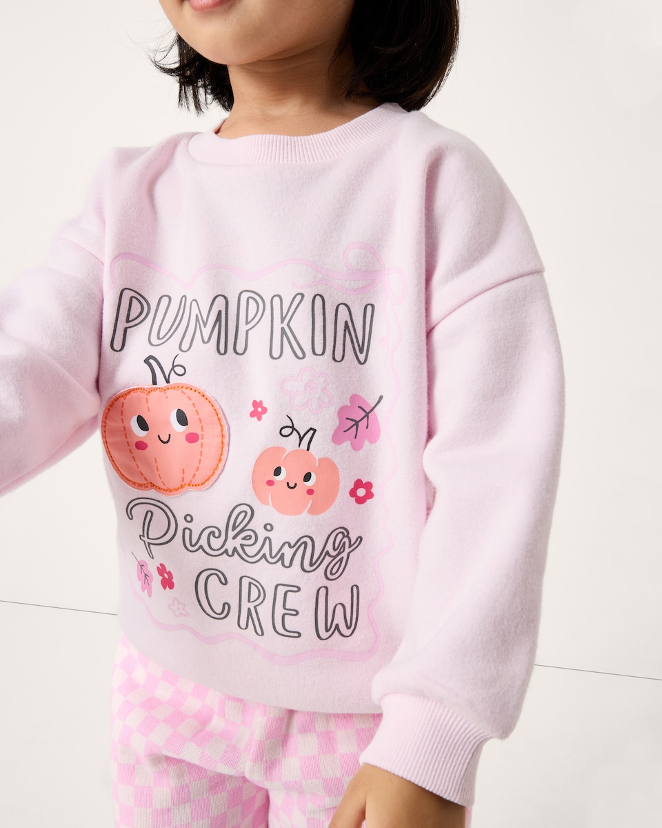 image 1 of F&F Girls Cotton Rich Halloween Pumpkin Sweatshirt and Trousers Set in Multi Pink
