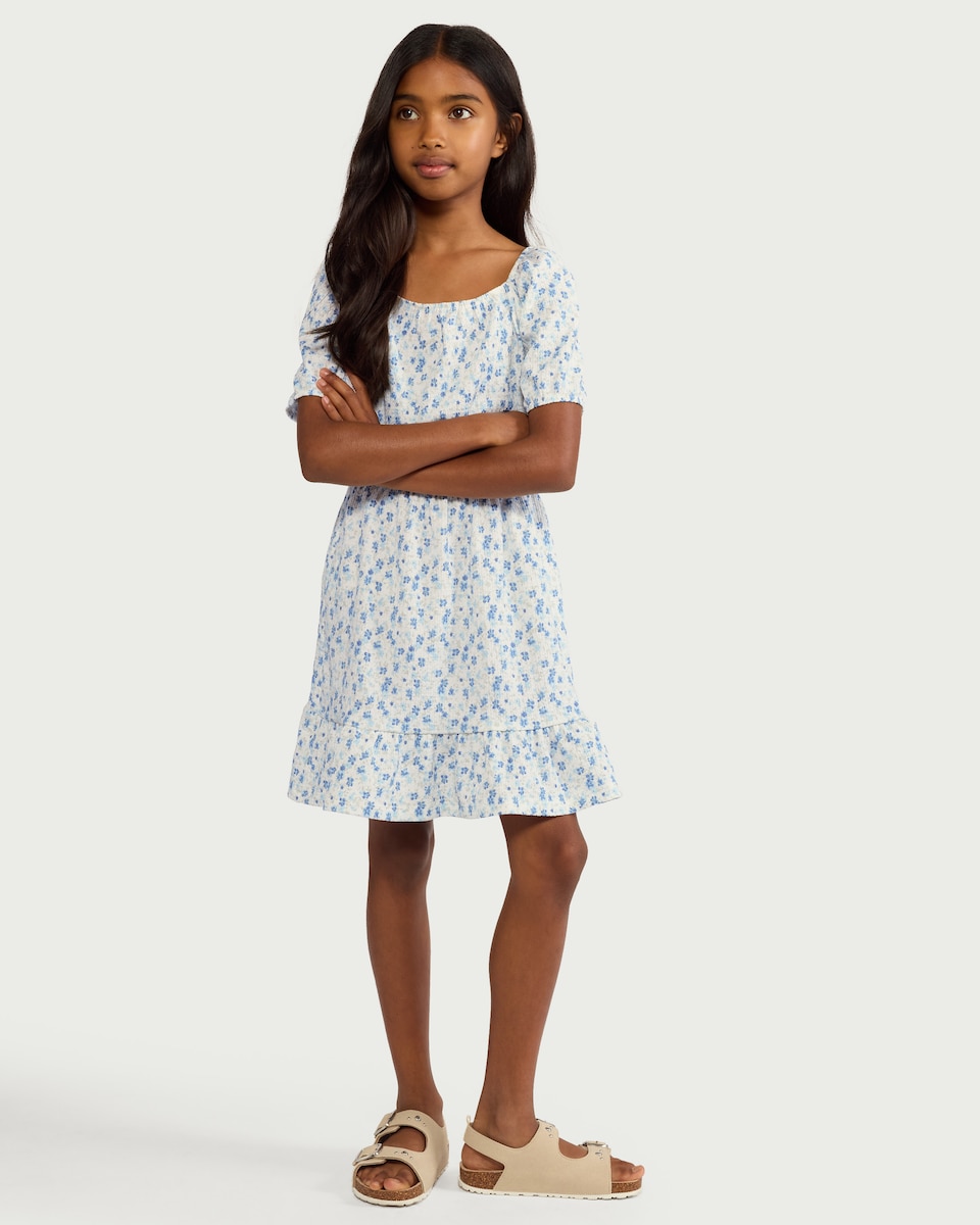 image 1 of F&F Girls Textured Floral Dress in Multi Blue