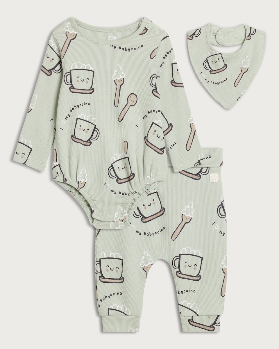 image 1 of F&F Baby 3-Piece Cotton Rich Babyccino Bodysuit, Legging and Bib Set in Green
