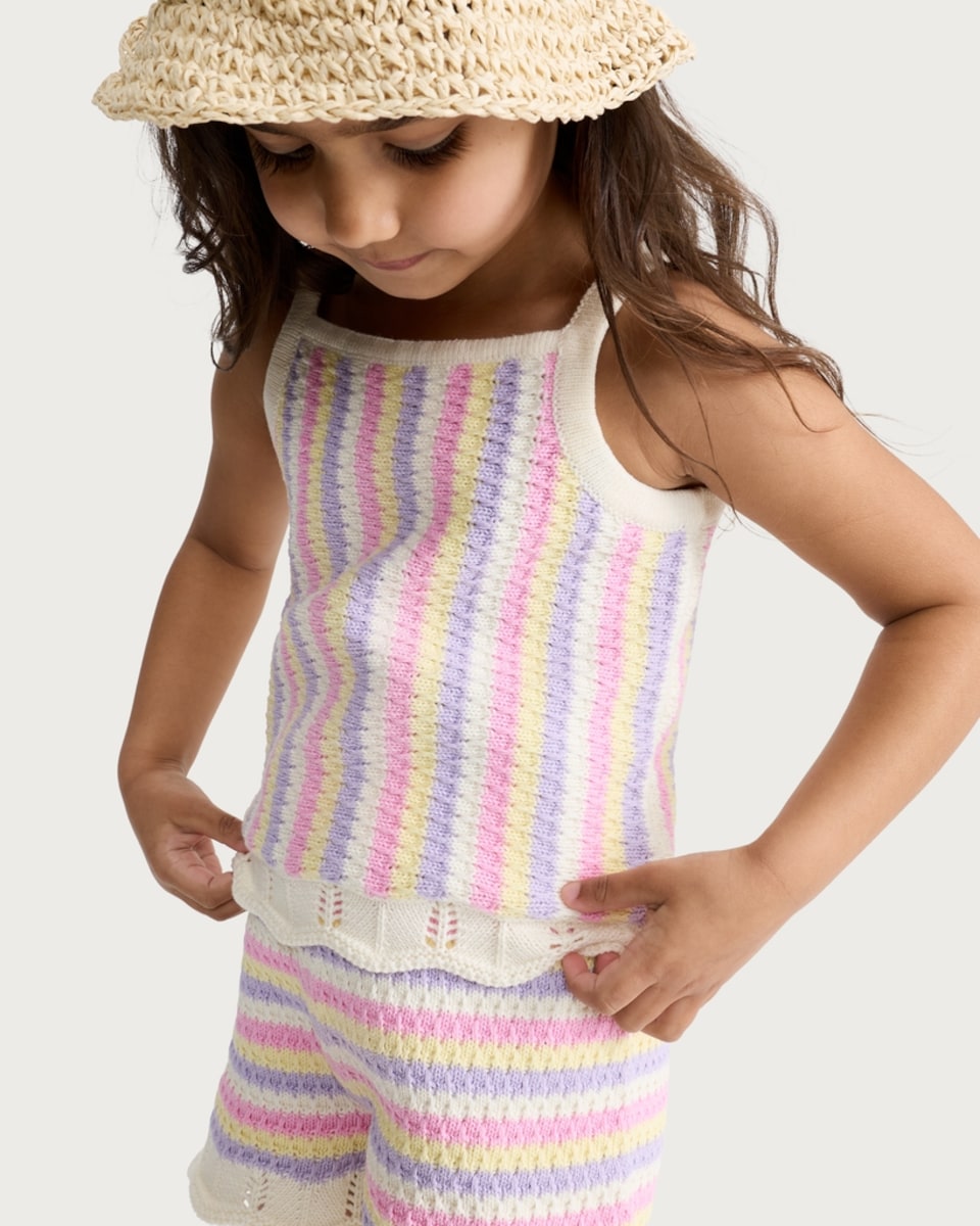 image 1 of F&F 2-Piece Girls Pure Cotton Knitted Rainbow Striped Vest and Shorts Set in Multi