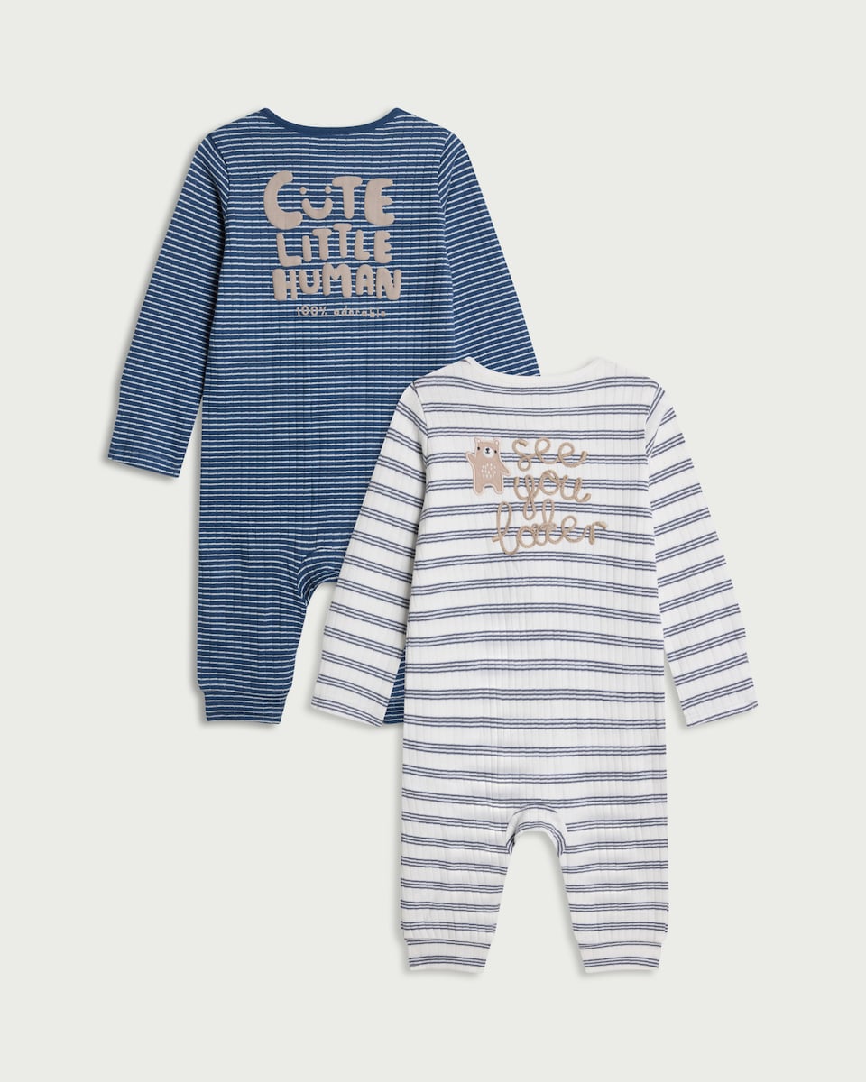 image 1 of F&F Baby 2-Pack Pure Cotton Ribbed Striped Sleepsuits in Blue