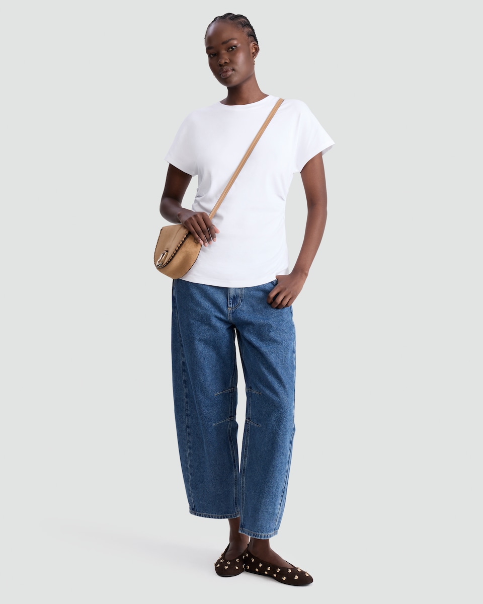 image 1 of F&F Pure Cotton Ruched Side Short Sleeved T-Shirt in White