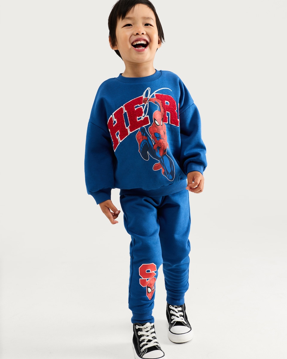 image 1 of Marvel Spider-Man Cotton Rich Hero Sweatshirt and Joggers Set in Blue