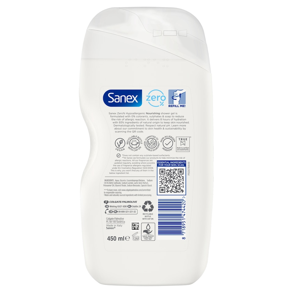 image 1 of Sanex Zero% Nourishing Dry Skin Shower Gel 450Ml