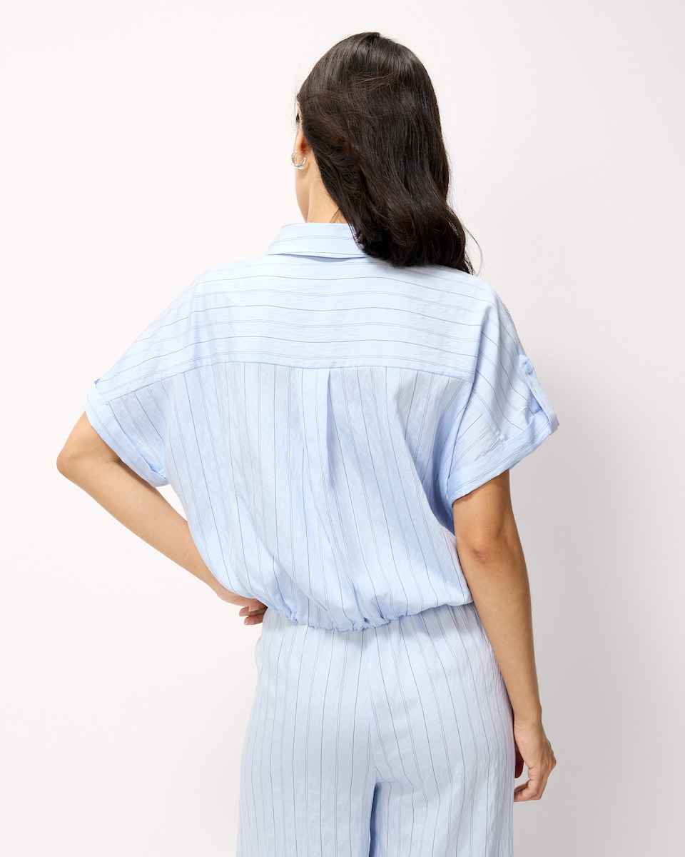image 1 of F&F Modal Rich Pinstripe Short Sleeved Shirt in Blue