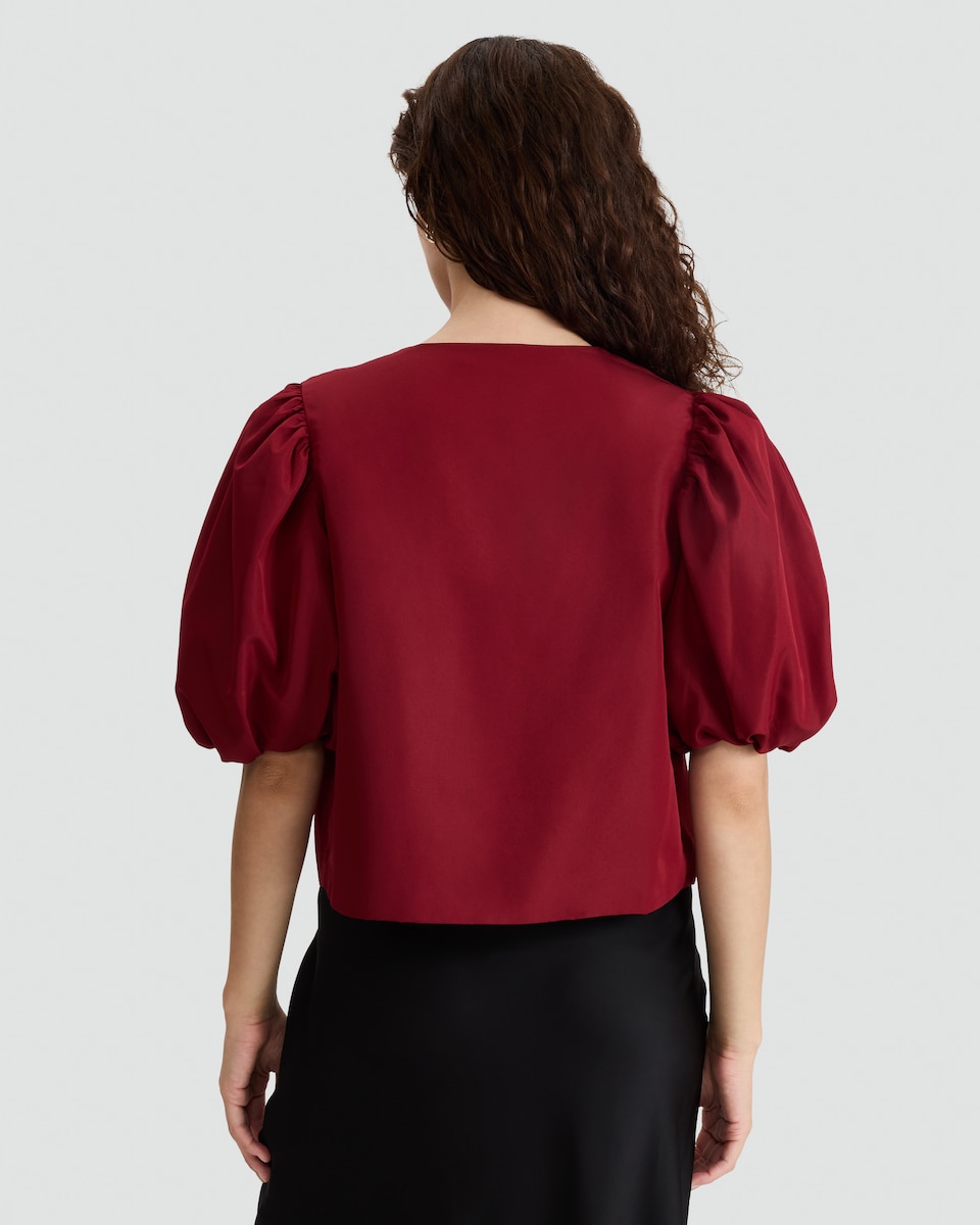 image 1 of F&F Puff Sleeved Bow Accent Blouse in Red