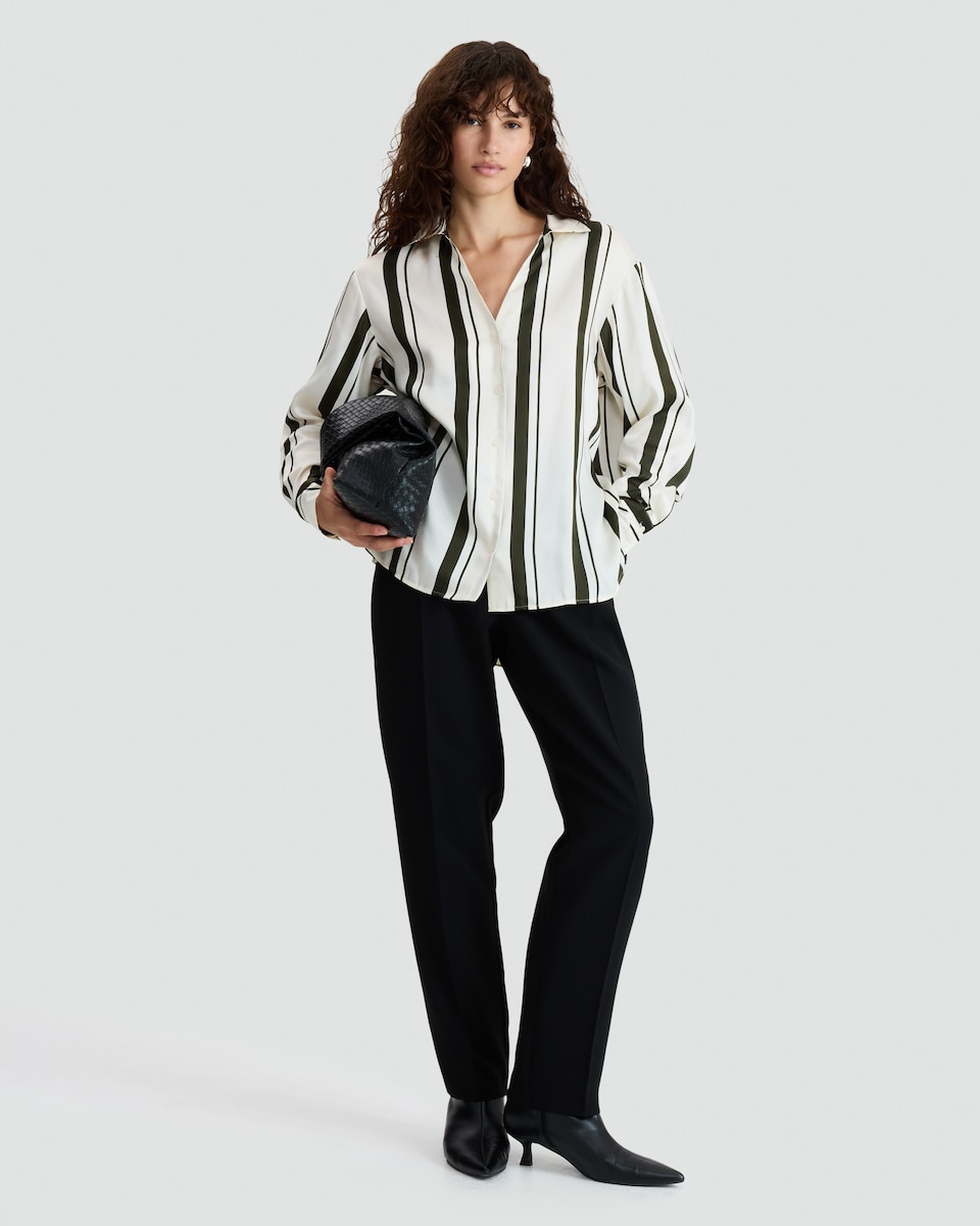 image 1 of F&F Satin Stripe Print Button Up Shirt in Khaki