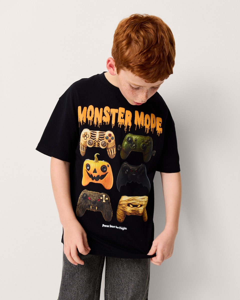 image 1 of F&F Boys Pure Cotton Halloween Print T-Shirt in Black