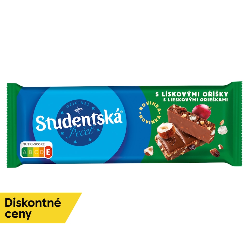 ORION Študentská pečať Mliečna čokoláda s kúskami lieskových orieškov, s hrozienkami a želé 90 g