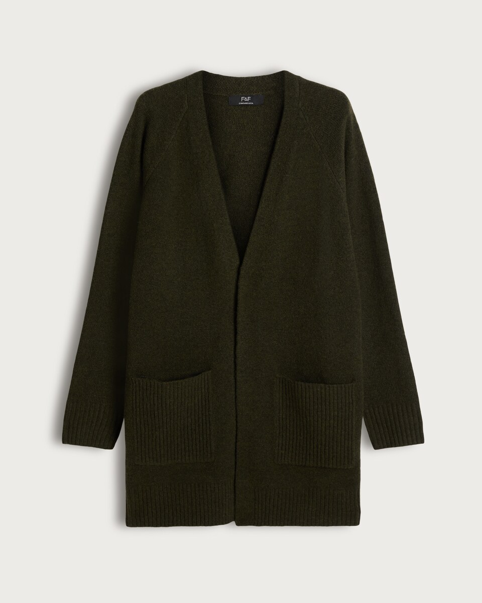 image 1 of F&F Patch Pocket Open Front Cardigan with Wool in Khaki