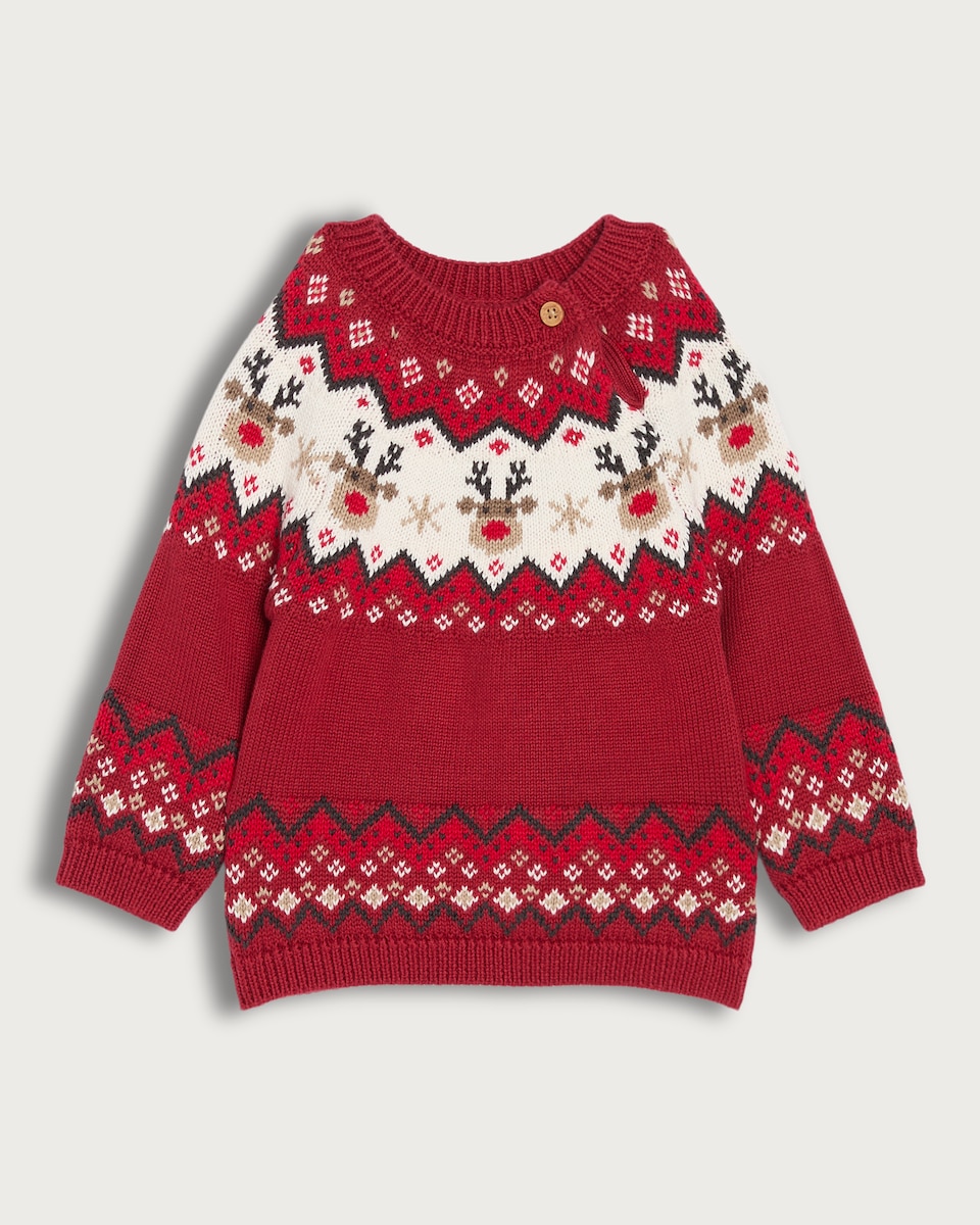 image 1 of F&F Baby Pure Cotton Knitted Reindeer Fair Isle Jumper in Red