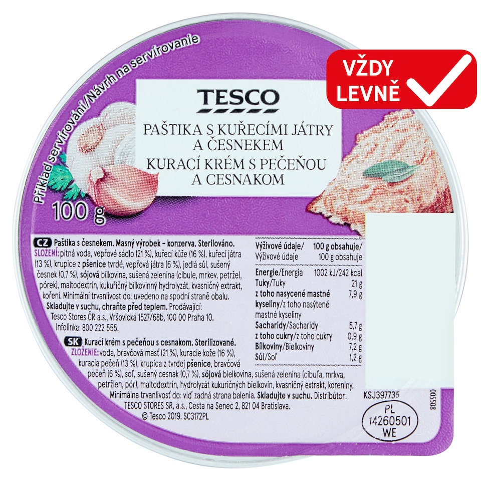 Tesco Paštika s kuřecími játry a česnekem 100g