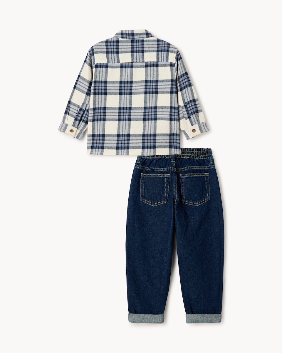 image 1 of F&F Boys Pure Cotton Check Shirt and Jeans Set in Multi