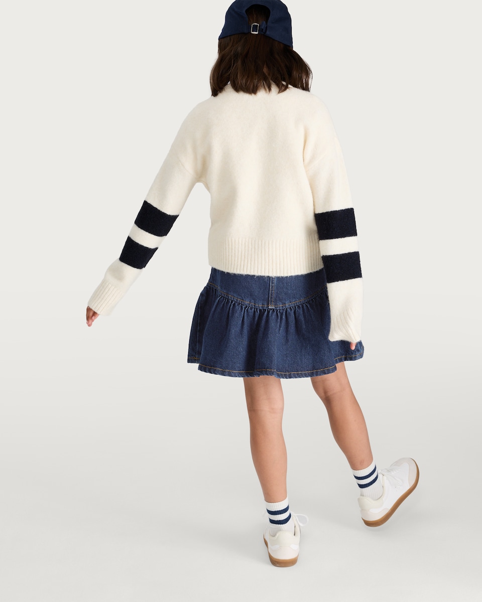 image 1 of F&F Girls Pure Cotton Tiered Denim Skirt in Blue