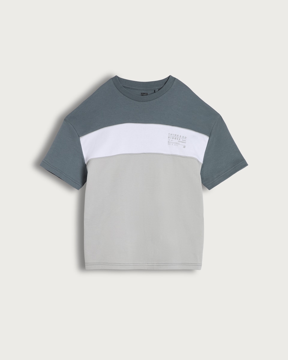 image 1 of F&F Boys Pure Cotton Colour Block Slogan T-Shirt in Grey