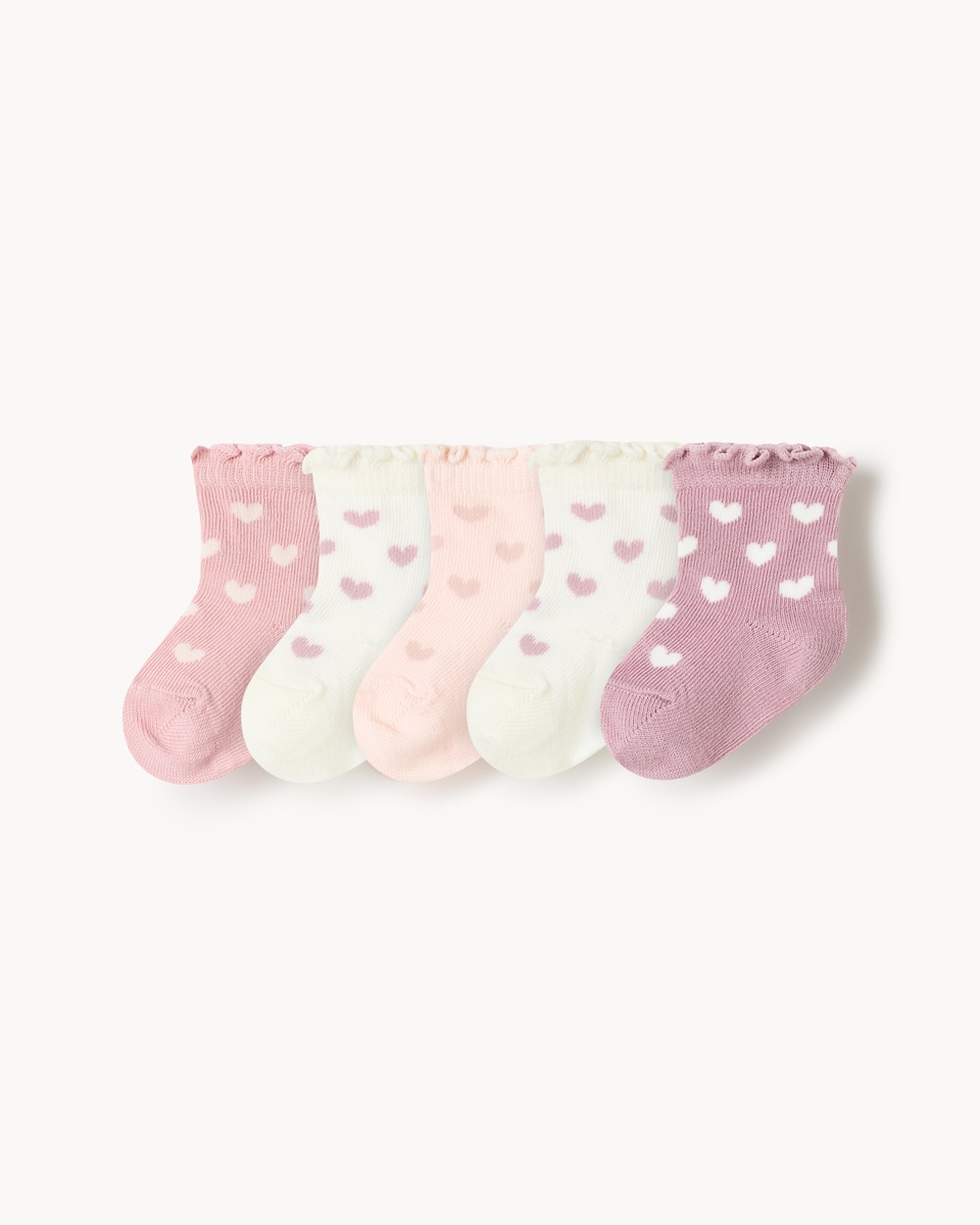F&F Baby 5-Pack Cotton Rich Heart Ankle Socks in Pink